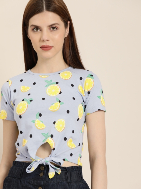 

Moda Rapido Women Blue & Yellow Polka Dot & Lemon Print Cinched Waist Top