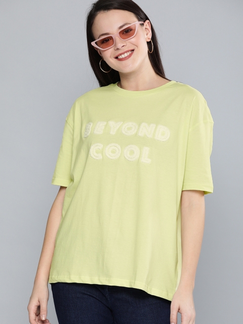 

HERENOW Women Lime Green Embroidered Round Neck Pure Cotton T-shirt