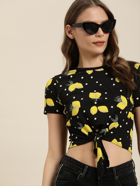 

Moda Rapido Women Black & Yellow Printed Round Neck Cropped T-shirt with Tie-Up Detailing