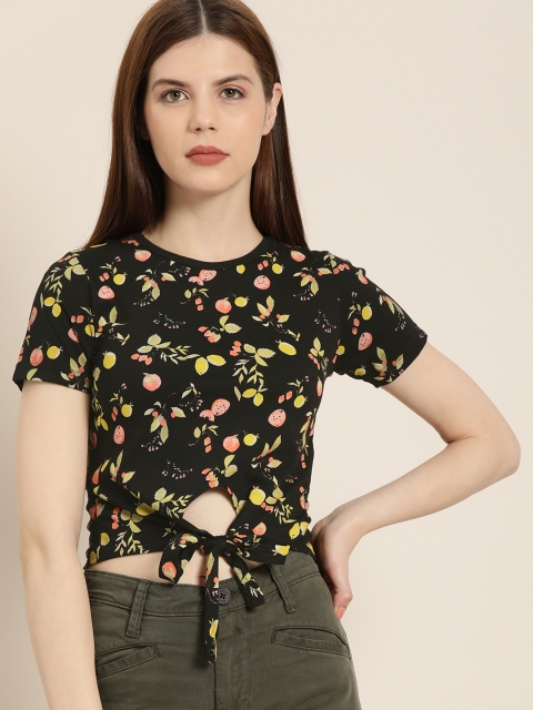 

Moda Rapido Women Black & Yellow Fruit Print Cinched Waist Top