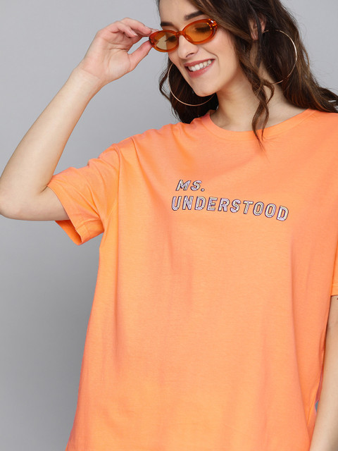 

HERENOW Women Orange Solid Round Neck Pure Cotton T-shirt