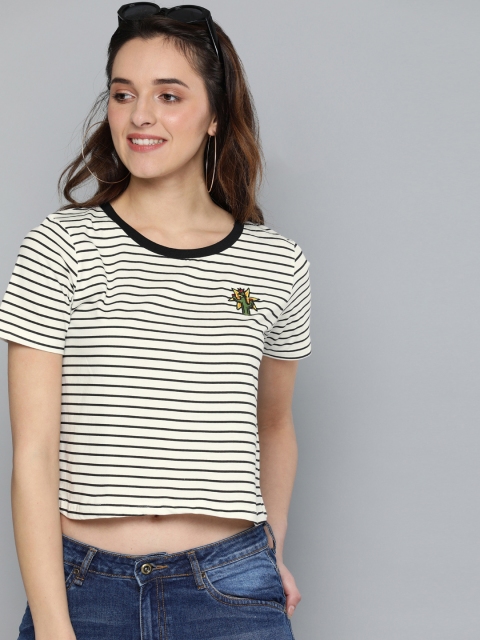 

HERE&NOW Women Black Striped Round Neck Cropped T-shirt