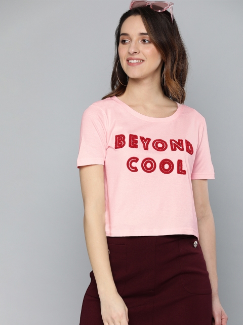 

HERE&NOW Women Pink Embroidered Round Neck T-shirt