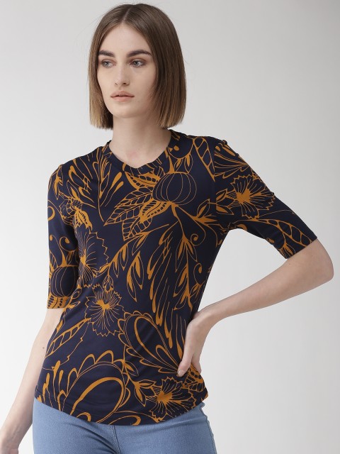 

Marks & Spencer Women Navy & Mustard Yellow Printed Round Neck T-shirt, Navy blue