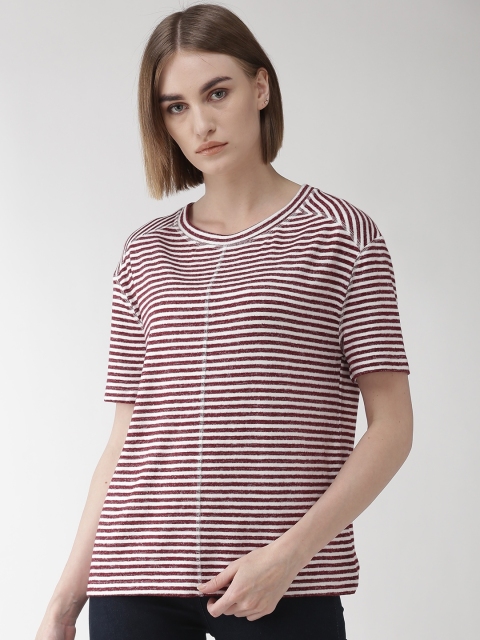 

Marks & Spencer Women Maroon & White Striped Round Neck T-shirt
