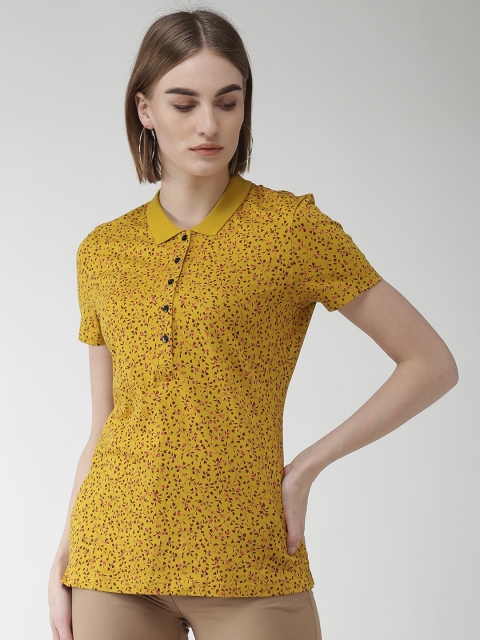 

Marks & Spencer Women Mustard Yellow & Pink Floral Print Polo Collar T-shirt