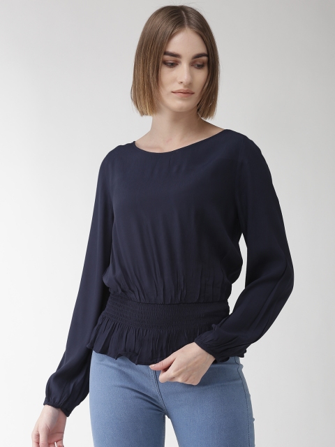 Marks & Spencer Women Navy Blue Solid Cinched Waist Top with Smocking