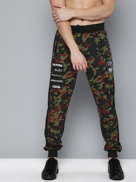

HERE&NOW Men Black & Olive Green Camouflage Printed Straight Fit Joggers