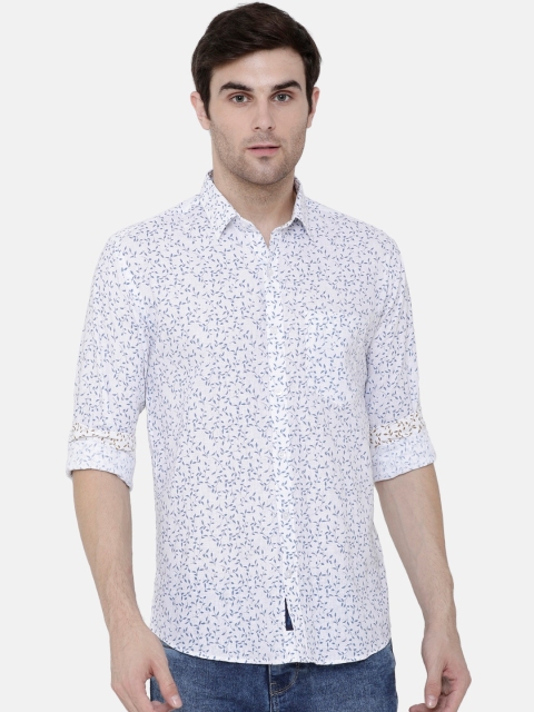 

CAVALLO by Linen Club Men Cotton Linen White & Blue Regular Fit Printed Sustainable Casual Shirt