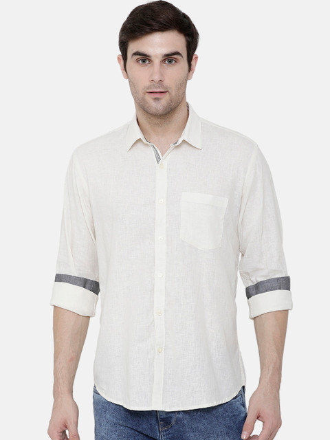 

CAVALLO by Linen Club Men Cotton Linen Off-White Regular Fit Solid Casual Shirt