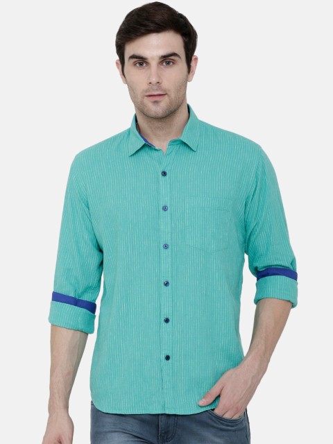 

CAVALLO by Linen Club Men Cotton Linen Green Regular Fit Striped Sustainable Casual Shirt