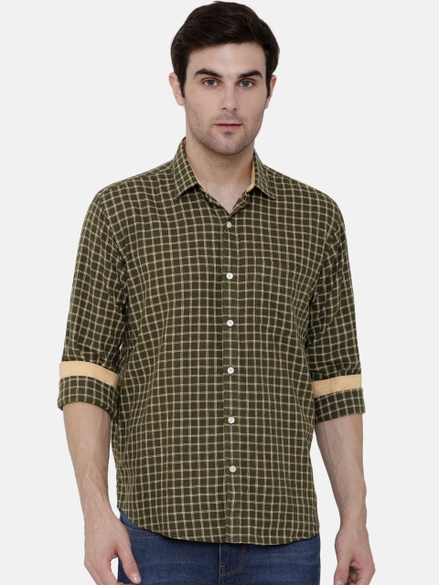 

CAVALLO by Linen Club Men Cotton Linen Olive Green Regular Fit Checked Sustainable Casual Shirt