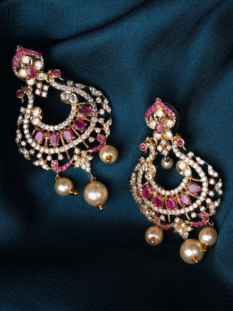

Rubans Gold-Toned & Pink Classic CZ Studded Drop Earrings