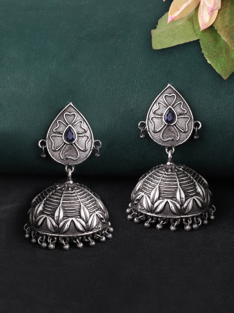 

Rubans Silver-Plated & Blue Oxidised Dome Shaped Jhumkas