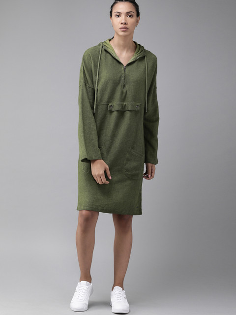 

Roadster Women Olive Green Solid Hooded Sweatshirt Dress