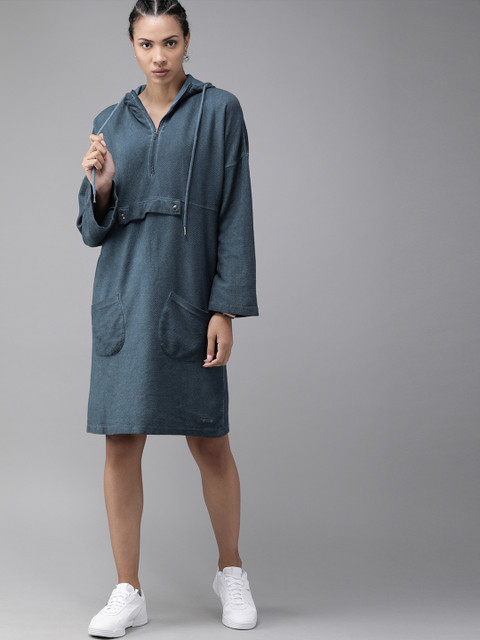 

Roadster Women Teal Blue Solid Hooded Sweatshirt Dress