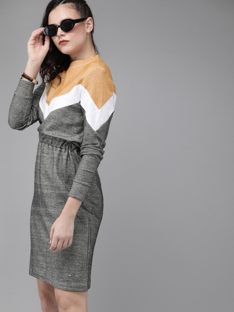 

Roadster Women Black & Mustard Yellow Colourblocked Sweatshirt Dress