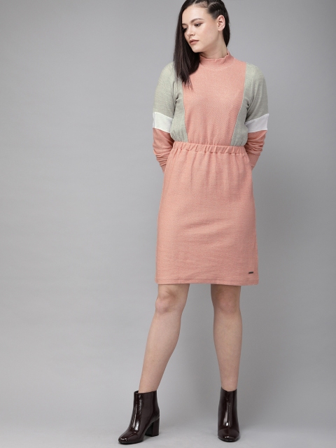 

Roadster Women Peach-Coloured & Grey Colourblocked Sheath Dress