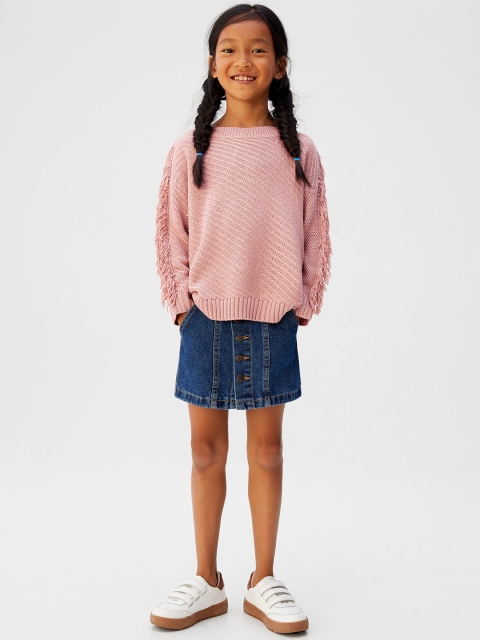 

Mango Kids Girls Dusty Pink Self-Striped Pullover Sweater with Fringes