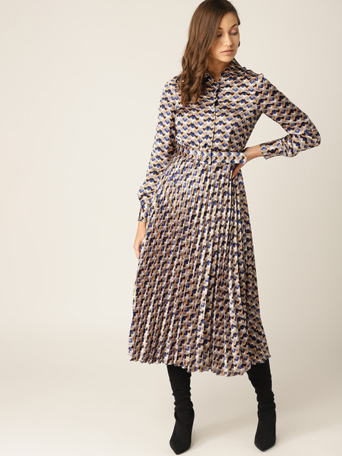 

MANGO Women Grey & Blue Accordion Pleats Printed A-Line Dress