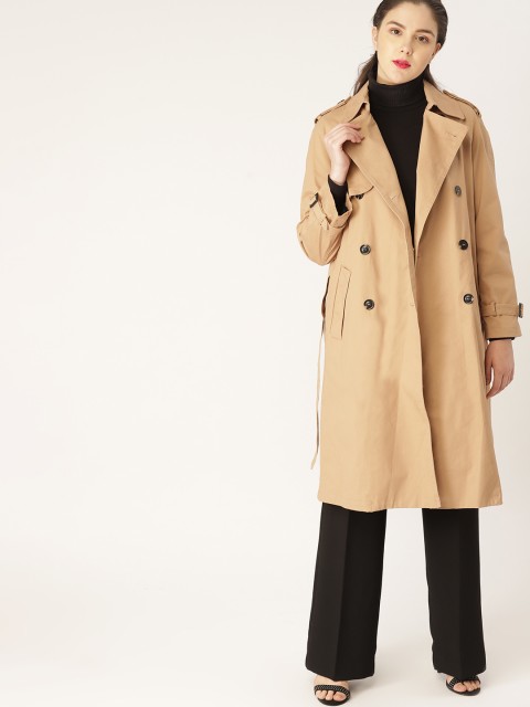 

MANGO Women Beige Solid Knee Length Trench Coat With Belt
