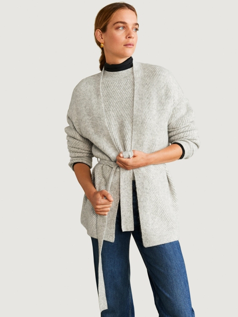 

MANGO Women Grey Melange Ribbed Front-Open Sweater