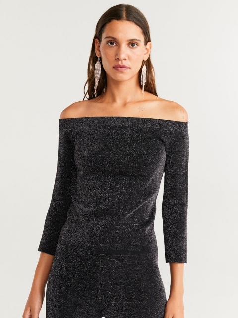 

MANGO Women Black Shimmered Top