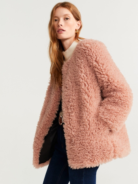 

MANGO Women Peach-Coloured Faux Fur Solid Open Front Jacket