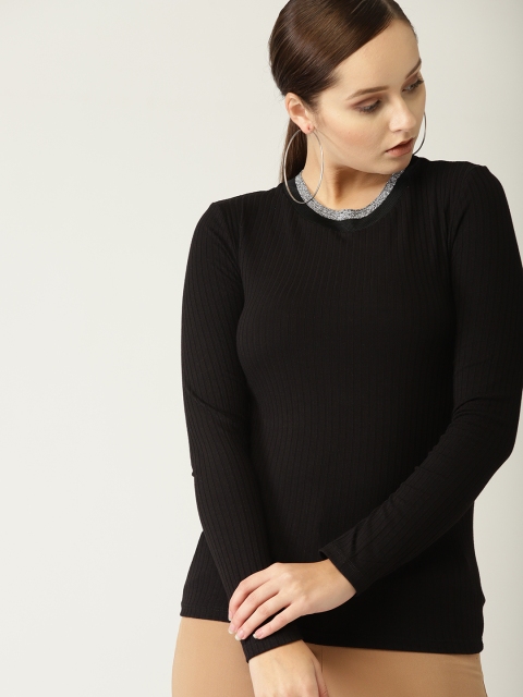 

MANGO Women Black Ribbed Fitted Top