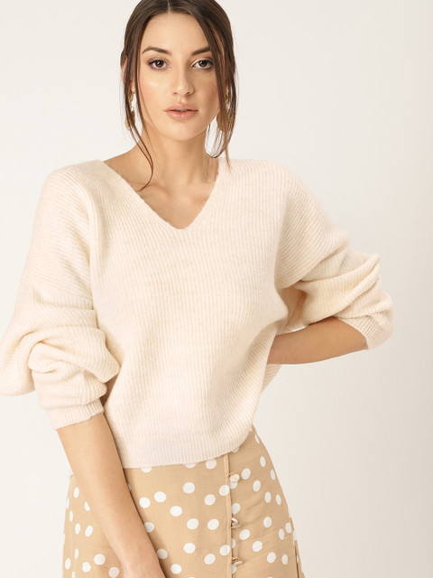 

MANGO Women Cream-Coloured Solid Sweater