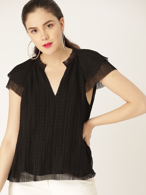 

MANGO Women Black Accordion Pleated Semi Sheer Top