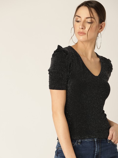 

MANGO Women Black Embellished Fitted Top