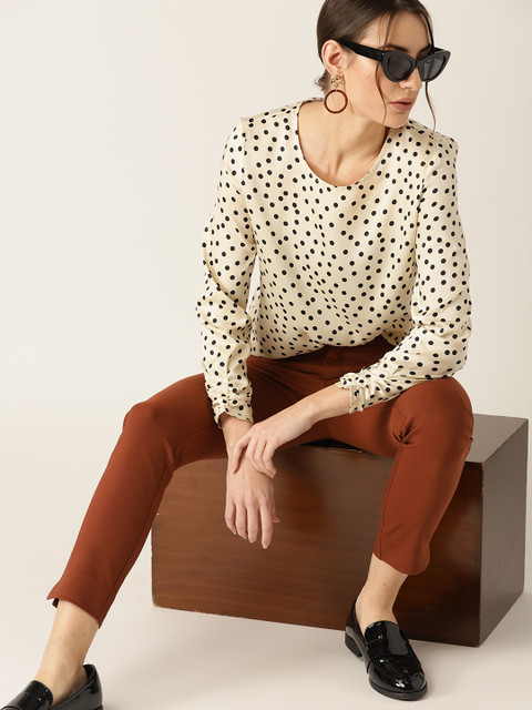 

MANGO Women Cream-Coloured & Black Polka Dot Print Top