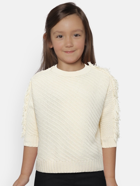 

Mango Kids Girls Cream-Coloured Self-Striped Pullover Sweater