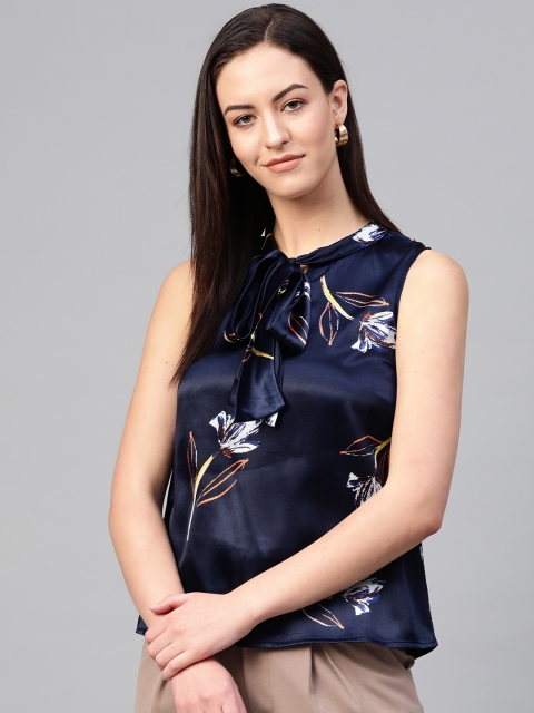 

RUNWAYIN Women Navy Blue & Yellow Satin Finish Floral Printed Top
