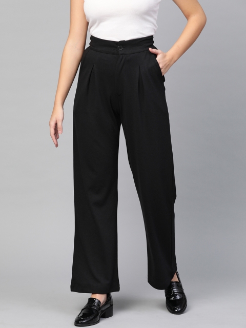 

RUNWAYIN Women Black Flared Solid Formal Trousers