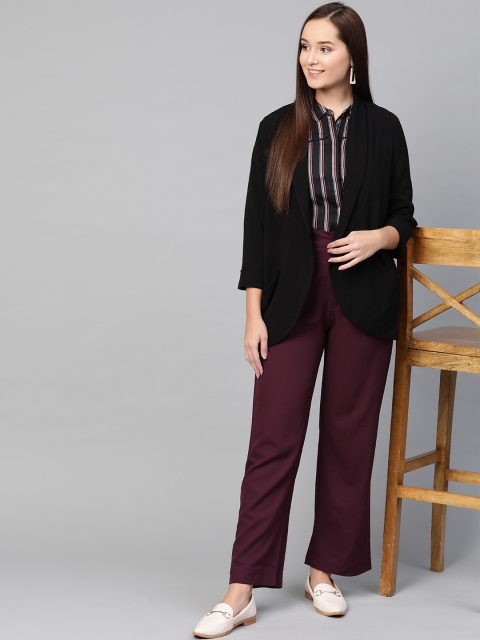 

RUNWAYIN Women Burgundy Flared Solid Formal Trousers