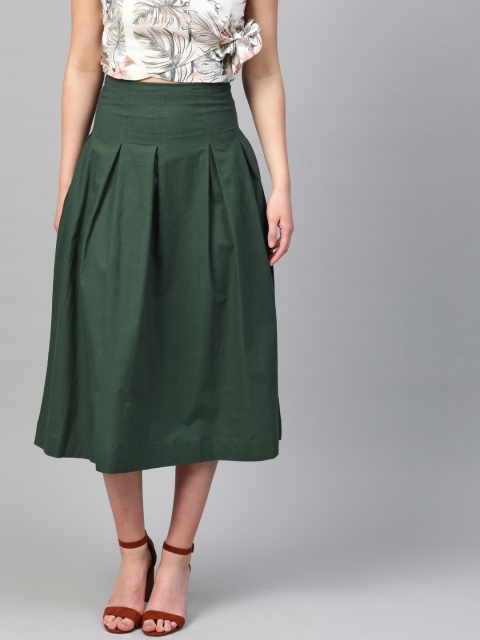 

RUNWAYIN Women Green Solid Midi Flared Skirt