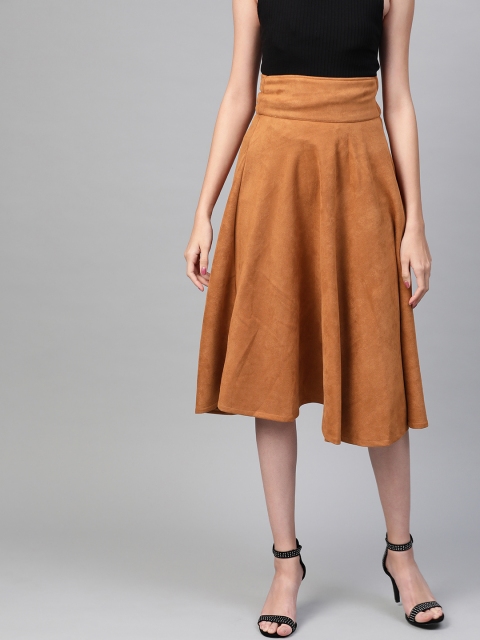 

RUNWAYIN Women Brown Solid Suede Finish Flared Skirt