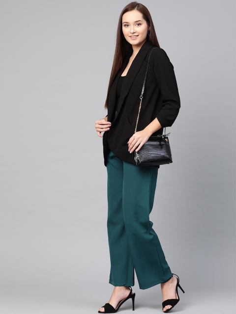 

RUNWAYIN Women Teal Green Flared Solid Formal Trousers