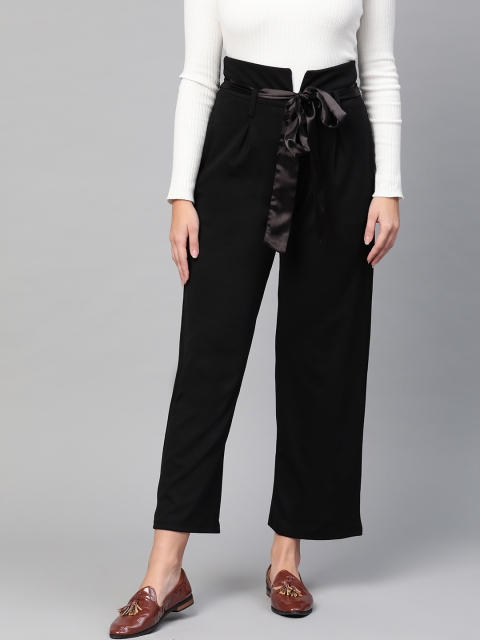

RUNWAYIN Women Black Flared Solid Formal Trousers