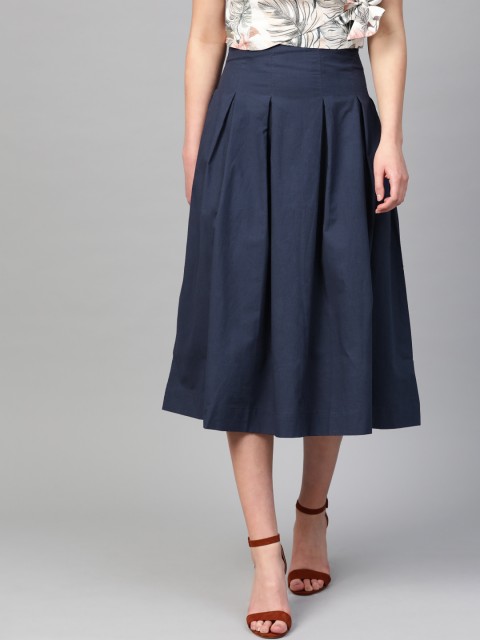 

RUNWAYIN Women Navy Solid Midi Flared Skirt, Navy blue