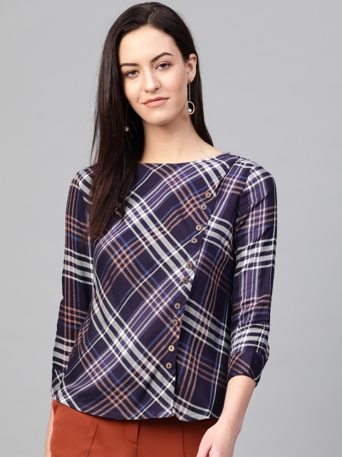 

RUNWAYIN Women Purple & Off-White Checked Top