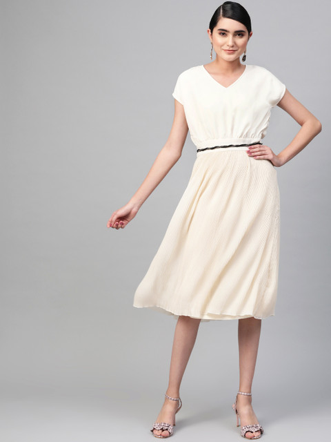 

RUNWAYIN Women Cream-Coloured Solid Accordion Pleated A-Line Dress