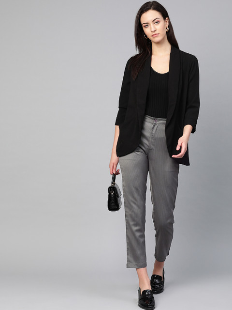 

RUNWAYIN Women Charcoal Grey Slim Fit Striped Cropped Formal Trousers