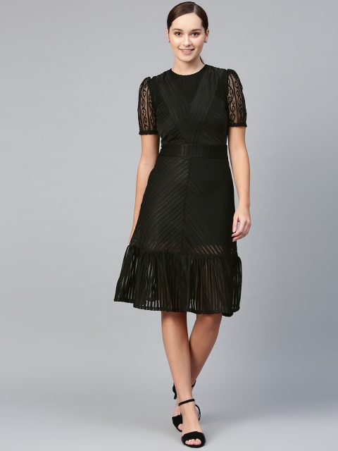 

RUNWAYIN Women Black Self-Striped A-Line Dress