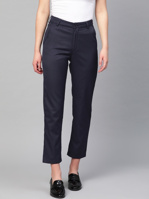 

RUNWAYIN Women Navy Blue Comfort Straight Fit Solid Cropped Formal Trousers