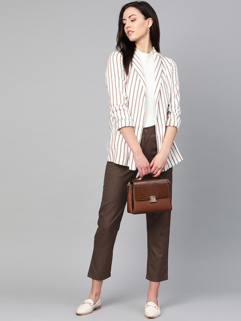 

RUNWAYIN Women Brown Tailored Fit Solid Cropped Formal Trousers