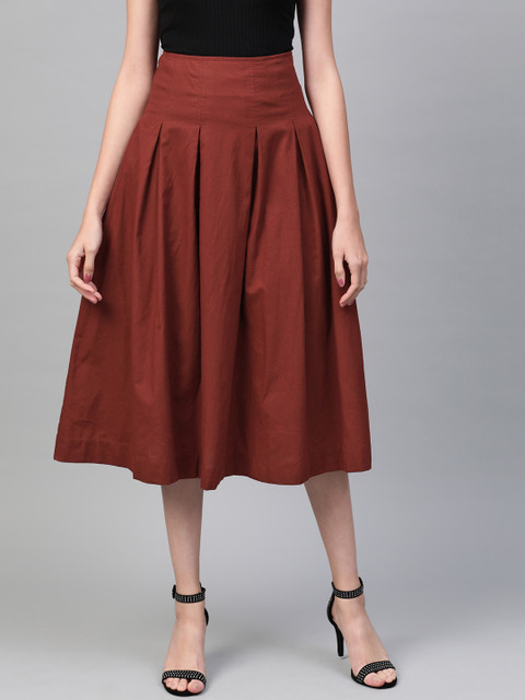 

RUNWAYIN Women Rust Red Solid Flared Skirt