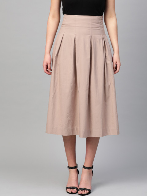 

RUNWAYIN Women Beige Solid Midi Flared Skirt
